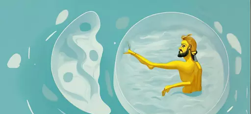 A man enclosed in a bubble with a fish swimming inside, depicted in a cartoon style.